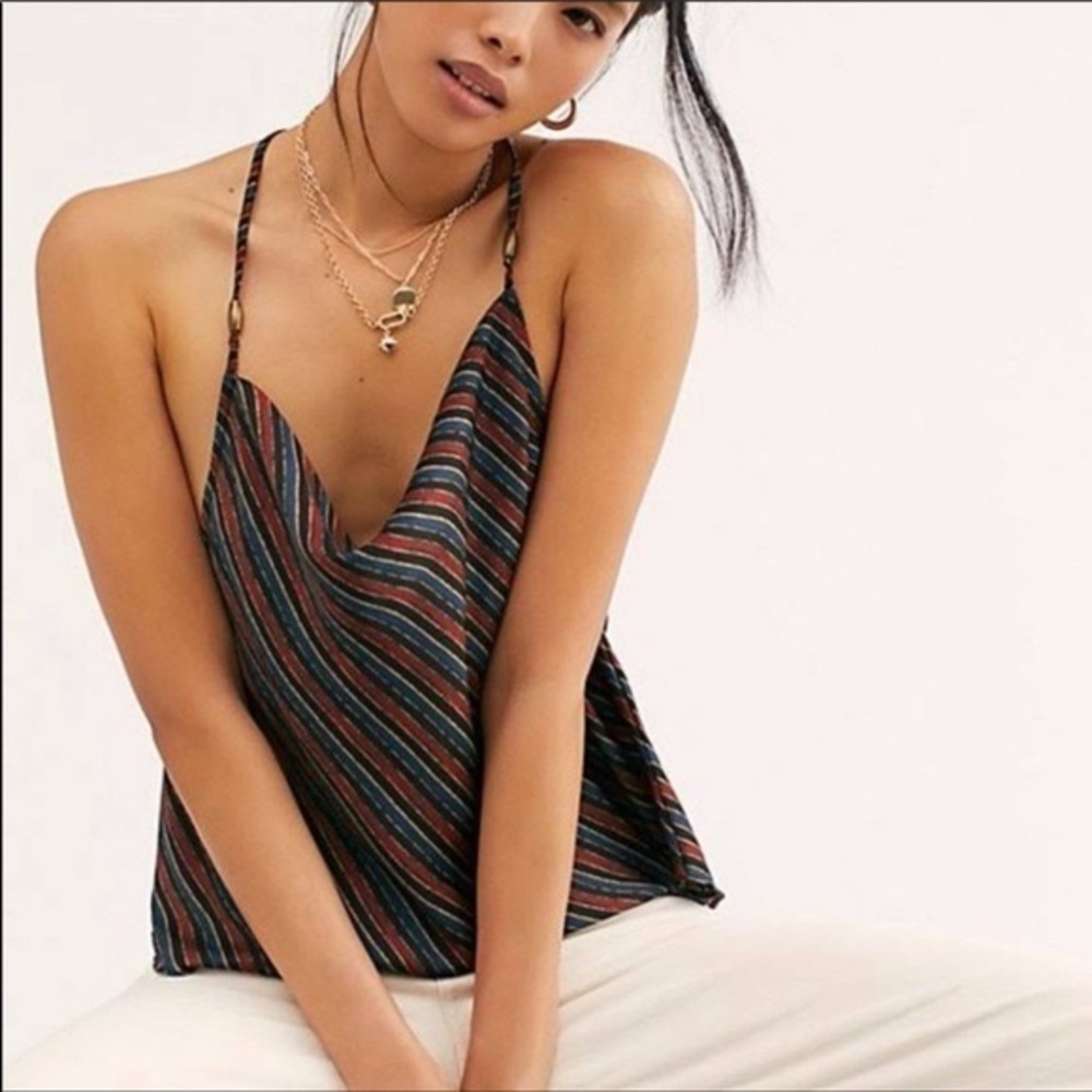 Free People Multicolor Striped Satin Cowl Neck Camisole